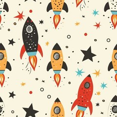 Seamless pattern of drawn rockets and stars, A cute light kids painting