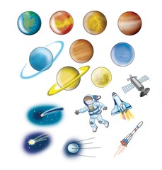 set of planets, satellite and astronaut