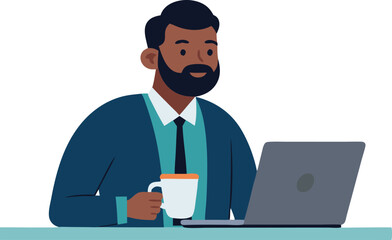 Businessman working on laptop with coffee cup in hand, office setting