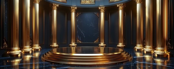 Elegant 3D rendering of regal room with golden columns and black marble background