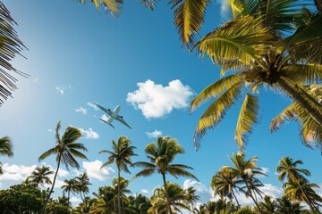 Fototapeta premium Airplane flying over tropical palm trees. Summer vacation and travel concept.