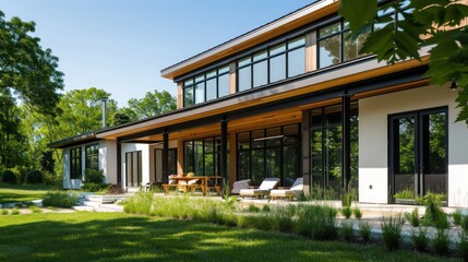 Obraz premium modern suburban farmhouse with a focus on passive solar design, featuring large overhangs and shaded areas