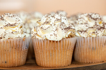 Delicious Vanilla cupcakes with vanilla icing and chocolate sprinkles