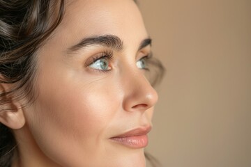Fototapeta premium A woman with a beautiful smile and a green eye. She has a nice, clean look to her face