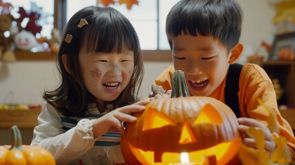 Fototapeta premium 家でカボチャを彫るハロウィンコスチュームの兄妹