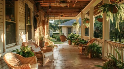Fototapeta premium rustic suburban farmhouse in a quiet neighborhood, with a spacious porch adorned with hanging plants and wicker chairs