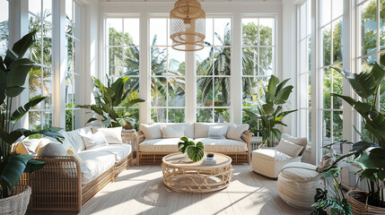 A bright sunroom with rattan furniture, lush plants, and large windows
