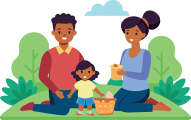 Happy family enjoying a picnic in the park with their child on a sunny day