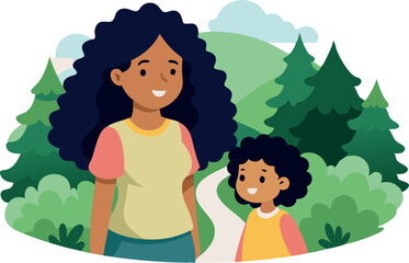 Mother and child walking in a forested park on a sunny day