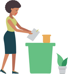 Woman recycling paper in office setting, promoting eco-friendly behavior and sustainability