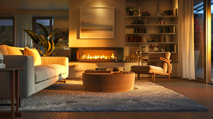 A comfortable living room with a fireplace, cozy seating, and warm lighting