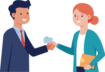 Fototapeta premium Business partners shaking hands and exchanging ID card in a friendly meeting