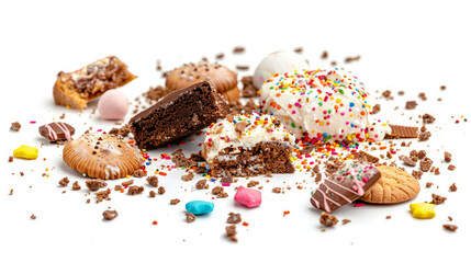 Crumbs from a pile of cake and cookies are scattered on a white background. You can easily cut out these pieces because of the clipping path.