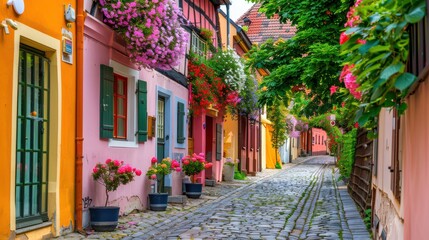 Obraz premium A photograph of colorful houses lining a charming narrow alleyway, with vibrant facades, flower-filled windowsills, and cobblestone pavement