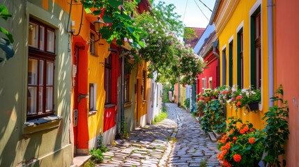 Fototapeta premium A photograph of colorful houses lining a charming narrow alleyway, with vibrant facades, flower-filled windowsills, and cobblestone pavement