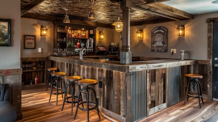 suburban farmhouse with a custom-built bar in the basement, featuring rustic wood, a tin ceiling, and vintage bar stools