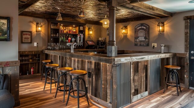 suburban farmhouse with a custom-built bar in the basement, featuring rustic wood, a tin ceiling, and vintage bar stools
