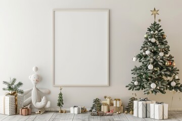 mock up poster frame in children room with christamas decoration, scandinavian style interior background