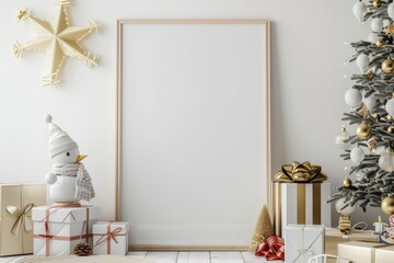 mock up poster frame in children room with christamas decoration, scandinavian style interior background