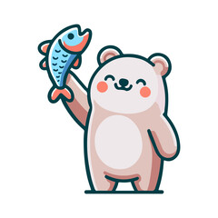 Fototapeta premium cute bear catches fish icon character