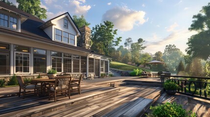 Fototapeta premium suburban farmhouse with a large, multi-level deck that includes areas for dining, lounging, and observing nature