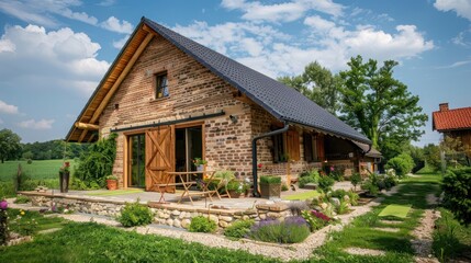 Fototapeta premium suburban farmhouse with a barn converted into a yoga studio, surrounded by peaceful countryside and equipped with all amenities