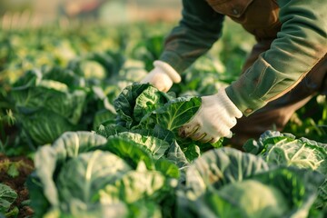 A farmer picking cabbage in the field, wearing white gloves