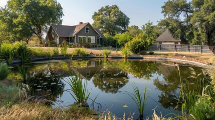 Obraz premium suburban farmhouse with a small, private lake in the back, perfect for fishing, boating, and summer picnics
