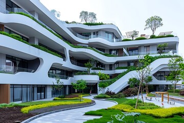Multistory property showcasing a Residential Building in an urban landscape featuring contemporary design green spaces a communal playground and underground parking
