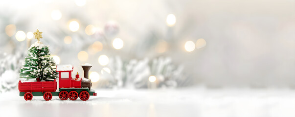 Red toy train and Christmas tree in snow on blurred lights background. Concept for Christmas, New Year, winter holidays. Banner with copy space. Christmas festive composition.