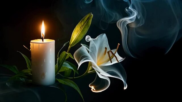 White lily flower with glowing candle on black background. Mourning, condolence, grieving, funeral