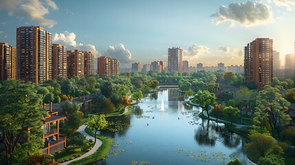 Obraz premium Vibrant depiction of an Urban Development project showcasing new residential buildings parks and improved infrastructure