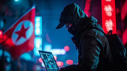 North Korean Hacker Silhouette In Neon-Lit Cityscape