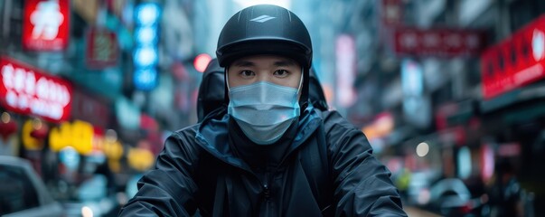 Contactfree delivery service in a bustling city, courier on bike with protective mask, emphasizing safety and efficiency
