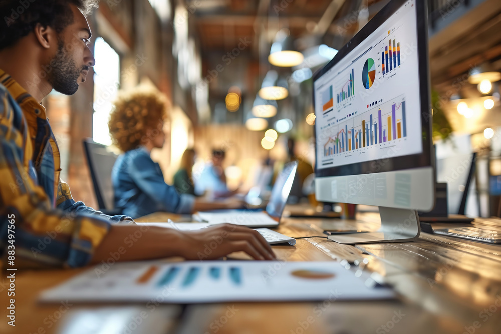 Poster Focused on Data: A Team of Coworkers Analyze Charts and Graphs in a Modern Office