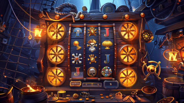 Pirate-themed slot game with wooden menu and eye-catching icons.
