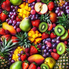 Vibrant Collage of Fresh Fruits: Strawberries, Pineapples, Grapes, Kiwis, Mangoes, Peaches, and Pears