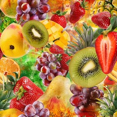 Vibrant Collage of Fresh Fruits, Featuring Strawberries, Pineapples, Grapes, Kiwis, Mangoes, Peaches, and Pears