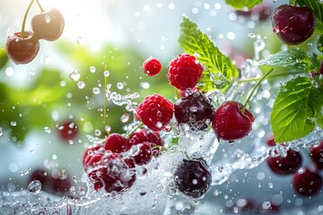 Fresh Cherries, Raspberries and Black Currants Falling in Water Spray