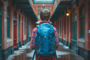 A young man wearing a plaid shirt and blue backpack walks down a hallway