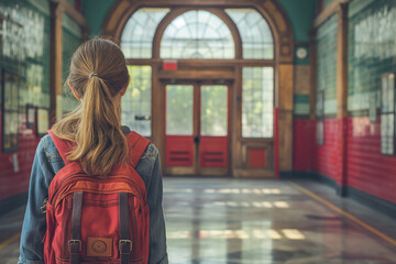 A girl wearing a red backpack is standing in a hallway