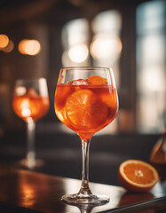Aperol spritz in a wine glass with an orange slice in a luxury Italian bar