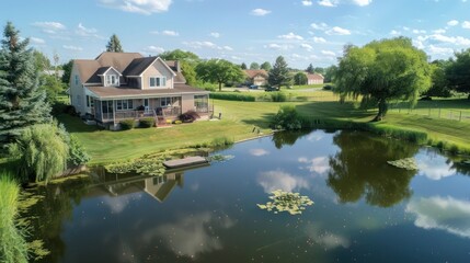 suburban farmhouse with a small, private lake in the back, perfect for fishing, boating, and summer picnics