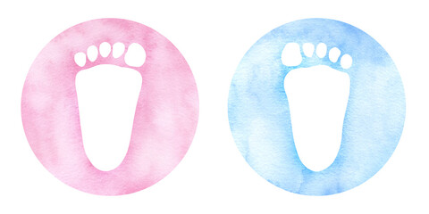 Little blue pink footprints round frame banner. Twins, Baby shower, gender reveal party, design invitation postcard. Boy or girl. Hand drawn watercolor illustration isolated background.