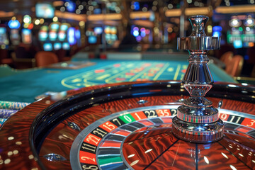 A Close-Up View of A Roulette Wheel in a Bustling Casino