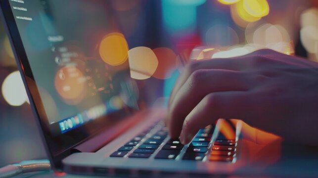 Closeup of typing on a laptop Meeting report in progress Film effect with a blurry background