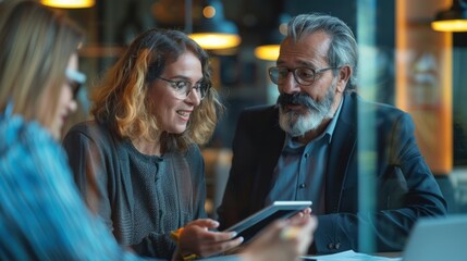 Diverse team of partners including a mature Latin businessman and a European businesswoman discussing a project on a tablet while sitting at a table in the office Two professional