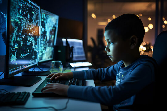 Young Innovator: Boy Exploring Future Technology with PC, generative Ai image