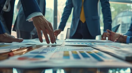 Executive business team standing at a table working with paperwork analyzing corporate strategy reviewing plans and managing a financial project overview at an office meeting Closeup