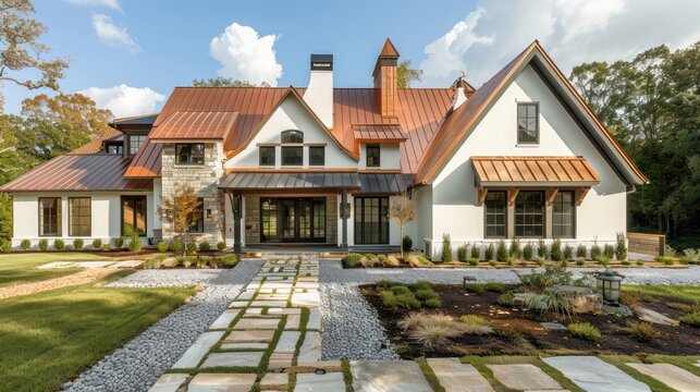 suburban farmhouse with a mix of rustic and contemporary styles, featuring a copper roof and cobblestone walkways